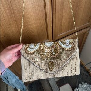 Lulu's Gold and Cream Beaded Clutch